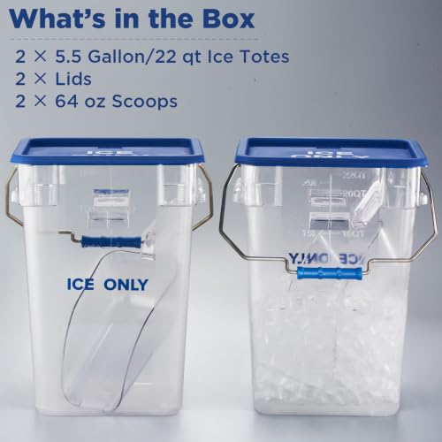 CURTA 2 Pack 5.5 Gal Square Ice Tote Set with Lids and 64 oz Scoops - color: 22.0 Qt 2-Pack(Blue Lids)