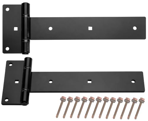 Heavy Duty T Strap Gate Hinges,12 Inch 4mm Thick - 180° Open | 2Pcs Hinges for Gate, Shed, Barn,Fence,Garden gate, Garage Door- Rust-Proof Black Steel Hinges(Patent Pending) - size: Middle