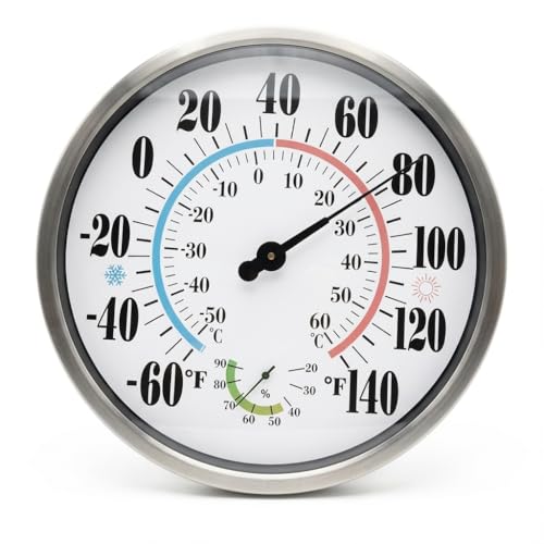 [QTengCX] 12 Inch Large Waterproof Outdoor Thermometer, Metal Wall Indoor Outdoor Analog Thermometer with Hygrometer Gauge for Patio, House, Garage, Garden - No Battery Needed