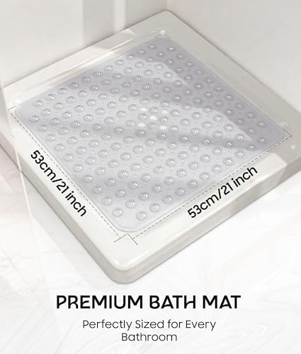 ADOV Square Shower Mat Non Slip, 21 x 21 in Bathtub Mat with 164 Strong Suction Cups, Drain Holes, Machine Washable, Soft Anti-Slip Bathroom Mat for Inside Shower, Tub and Shower Stall - Clear - color: White