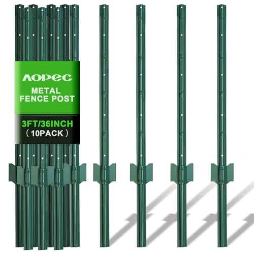 Fence Post 3 Feet / 36 Inch, Pack of 10, Heavy Duty Metal Fence Posts, No Dig U Post with U-Channel, Adjustable Tabs & Anchor Plate, Rust-Proof Steel Fence Stakes for Garden, Farm, Lawn, Poultry - size: 3 Feet