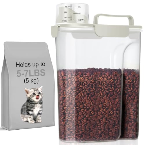 LEAWALK 5Lbs Dog Cat Storage Container Portable with Upgraded Large Spout and Cup, Plastic Pet Food Dispenser for Small Animal Kibble, Bird Seed, Oatmeal, Rice, Flour, Brown Sugart -Elegant White - color: Elegant White, size: 5L-1pack