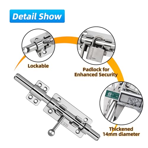 Barrel Bolt Latch, 7.9" Heavy Duty Gate Latch Slide Lock Solid 304 Stainless Steel Bolt Lock for Inside Door, Finished Shed Door Latch (Silver) - color: Silver 8inch