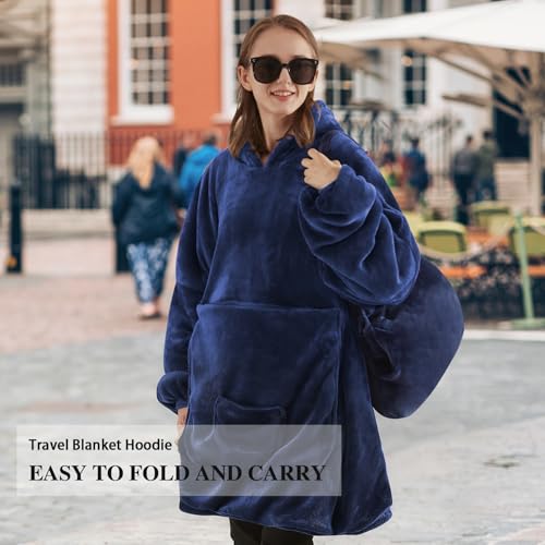 JOYWOO Navy Foldable Wearable Blanket Hoodie,Oversized Cat Lovers Sweatshirt Blanket for Adult, Birthday Gifts for Men,Dad,Husband Cozy Fuzzy Sherpa Hooded Blanket with Giant Pocket and Winter Gifts - color: Navy Blue, size: Foldable