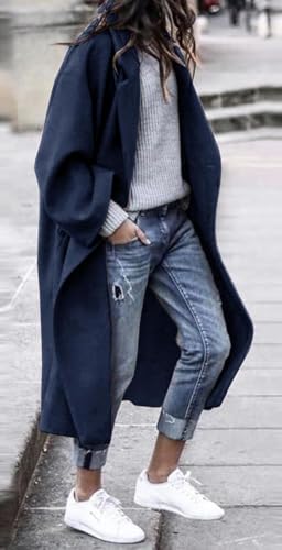 Women's Notch Lapel Single Breasted Pea Coat | Premium Wool Blend, Oversized Long Casual Overcoat with Pockets, Fall and Winter - color: Dark Blue, size: Large