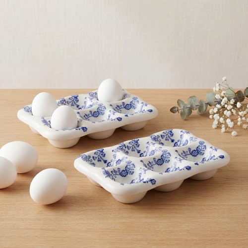 2 Pcs Ceramic Egg Tray 6 Cups Chinoiserie Eggs Holder Blue and White Porcelain Kitchen Counter Table Fridge Storage Accessory Blue Floral Spring Decoration for Housewarming Gift