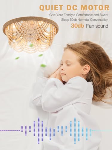 20'' Boho Ceiling Fan with Lights Remote Flush Mount Fandelier | Wood Beaded Coastal Chandelier for Bedroom Living Room, Low Profile Reversible DC Motor 6 Speeds, 4 E26 Bulbs (Not Included) - color: Wood