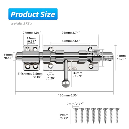 Barrel Bolt Latch, 6.3" Heavy Duty Gate Latch Slide Lock Solid 304 Stainless Steel Bolt Lock for Inside Door, Finished Shed Door Latch (1 Pack, Silver) - color: Silver 6inch