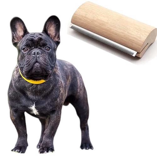 French Bulldog Brush for Shedding, Palm-Grip Wooden Grooming Comb | Fine Stainless Steel Teeth, Curved Body For Short Coats, Face, Neck And Chest Grooming, Bath And Dry Use