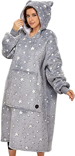 THREE POODLE Wearable Blanket Hoodie, Glow in The Dark Oversized Hoodie Blanket, Sherpa Hooded Blanket Sweatshirt for Adults Women Men Kids, Cozy Gifts - color: Luminous Star, size: Adult-Extra Long