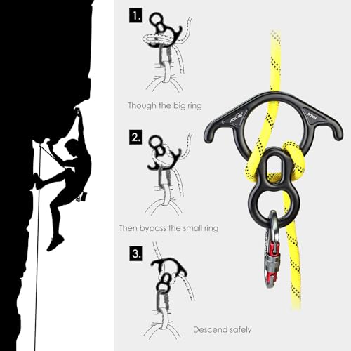 50KN Rescue Figure, 8 Descender Large Bent-Ear Belaying and Rappelling Gear Belay Device Climbing for Rock Climbing Peak Rescue 7075 Aluminum Alloy - color: Black