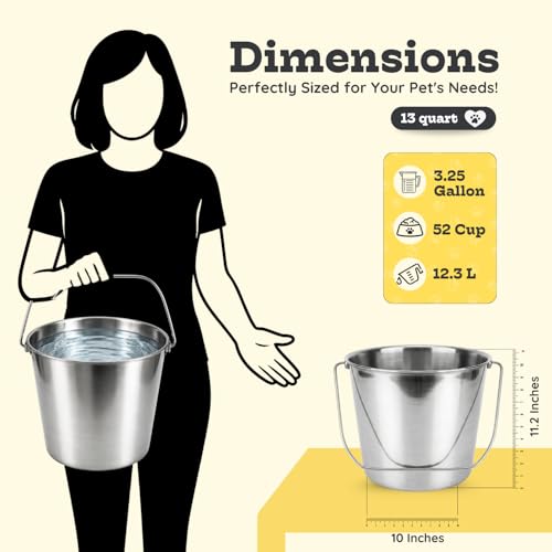 13 Quart Heavy Duty Stainless Steel Round Bucket with Arc Handle, Metal Feed Bucket, Water Pail for Dogs, Horses, Goats, Livestock, Farm & Kennel - size: 13 Quarts