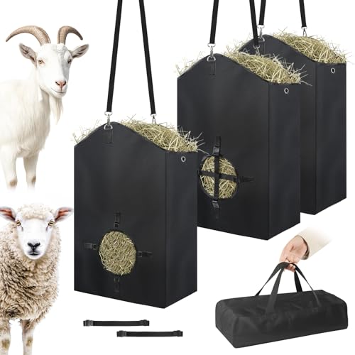 3 Pcs Hay Bags for Goats, 27.5" x 17.5" x 9.8" Hay Feeder, Plastic Buckle | Portable & Slow Hay Feeder for Goats, Adjustable Hanging Strap, Waterproof Lining, 800D Oxford Cloth, Sheeps, Small Horses - color: 3 Pcs with storage bag