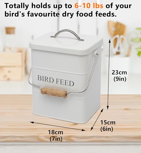 Morezi Bird Seed Storage Container Metal, 6 Lbs Airtight Bird Food Tin | Outdor Wild Bird Seed Container Canister w/ Scoop/Wooden Handle , Sturdy and Squirrel-proof, Keep Sunflower Seed Fresh - color: White