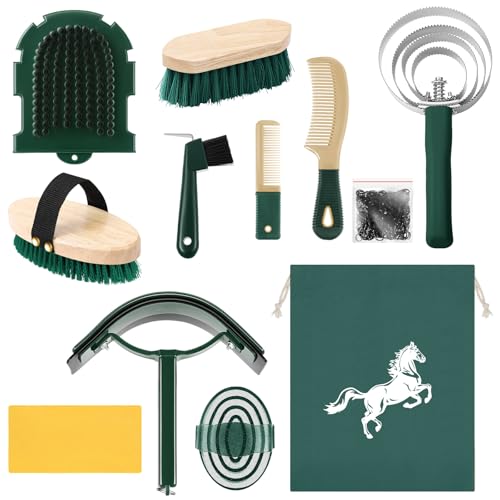 Abbylike 12 Pieces Horse Grooming Kit Racing Festival Tack Room Supplies Horse Brush Sets Equine Care Cleaning Kit Shedding Grooming Massaging Tools (Khaki and Green) - color: Khaki and Green