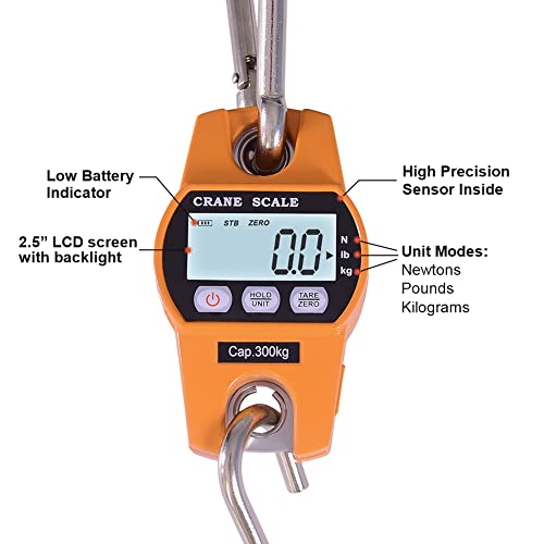Fuzion Hanging Scale 660LB - Heavy Duty Crane Scale with Aluminum Body | Stainless Steel Hook, Hold/Tare Function, Large Display, Digital Hanging Scales for Weighing Animals, Hays, Fish, Luggage - color: Tropical Orange, size: 660LB