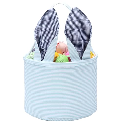 Easter Basket Seersucker Egg Hunt Bunny Baskets for Kids with Cute Rabbit Ears Stripe Storage Gifts Candies Personalized Easter Party Gifts… - color: Seersuck blue2