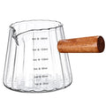6OZ Wooden Handle Espresso Measuring Cup, Borosilicate Glass Milk Frothing Pitcher with Double Scale & V-Shaped Spout, Dishwasher Safe Coffee Accessories