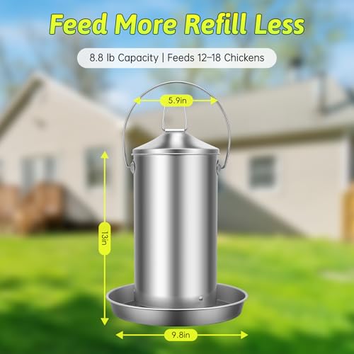 8.8 LB Stainless Steel Chicken Feeder, Gravity-Fed Poultry Feeder for Chickens & Ducks, Rust-Resistant Weatherproof Metal Feed Box with Handle, Large Capacity, Dry Feed Only