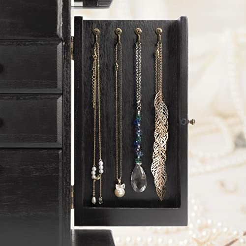 Emfogo Jewelry Box for Women, Rustic Wooden Jewelry Boxes & Organizers with Mirror, 4 Layer Jewelry Organizer Box Display for Rings Earrings Necklaces Bracelets (Black) - color: Black