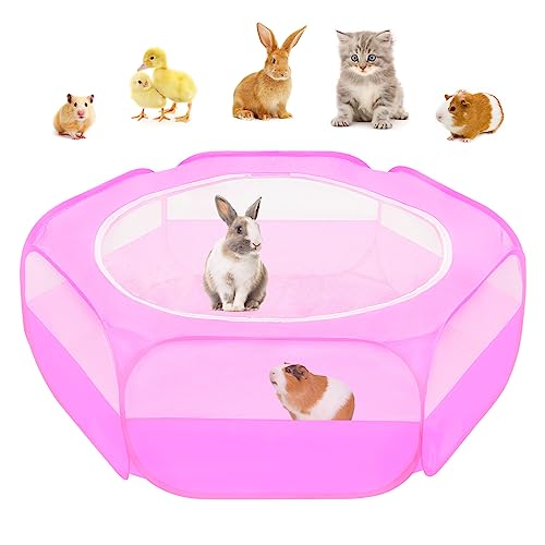 Amakunft Small Animal Playpen with Mesh Cover 47x23.6x15in – Portable Pop-Up Bunny Play Pen| Foldable and Breathable Indoor Outdoor Chick Brooder Box for Guinea Pig, Hamster, Rabbit, Kitten - color: Pink