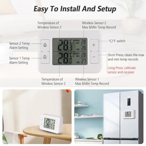 Refrigerator Thermometer, Digital Freezer Thermometer with 2 Wireless Temperature Monitor Sensors, Big LCD Display, Min/Max, Audible Alarm for Home Restaurants Fridge