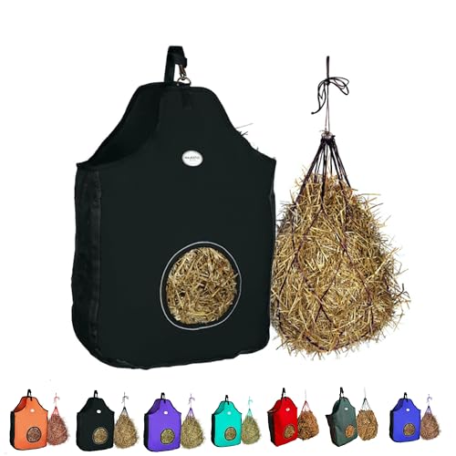 Majestic Ally 1200 D Hay Feeder Tote bag for Horses, Sheep with Reflective Trim- Reduces Waste - comes with 36” Hay Net. (Black) - color: Black