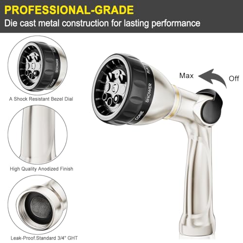 FANHAO Metal Thumb Control Garden Hose Nozzle Heavy Duty, 8 Spray Patterns | Rustproof Zinc Alloy Water Hose Sprayer High Pressure, Non-Slip Ergonomic Grip for Lawn & Plant Watering, Car & Pet Washing - color: Silver