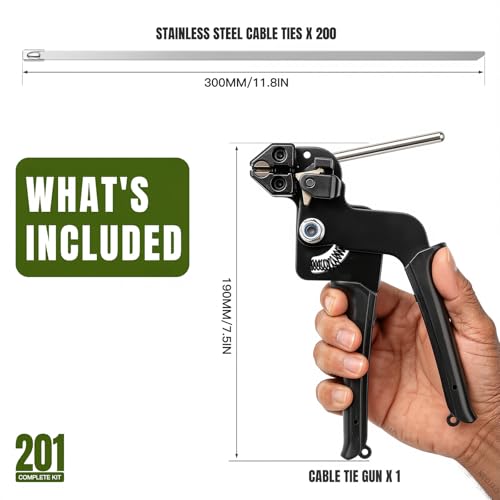 Cable Tie Gun Kit, 201-Piece Set 11.8 Inch 304 Stainless Steel | Includes 200 Ties with Tightening Tool for Chain Link Fence, Chicken Coop, Farm, Garden and Outdoor Installation Projects