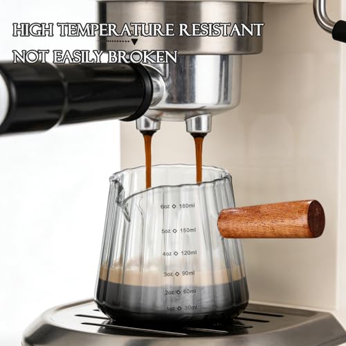 6OZ Wooden Handle Espresso Measuring Cup, Borosilicate Glass Milk Frothing Pitcher with Double Scale & V-Shaped Spout, Dishwasher Safe Coffee Accessories