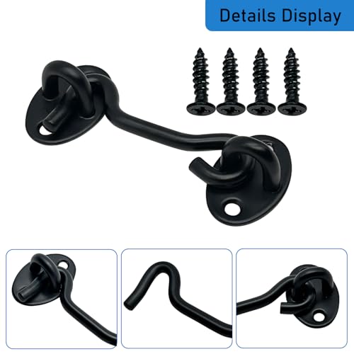 4 Pack 3" Hook and Eye Gate Latch, Stainless Steel Rust-Resistant Barn Door Lock Cabin Hooks for Gate Shutters Window Slide Barn Shed Cabinet Bathroom, with 16pcs Screw,Black - color: Black, size: 3 inch(4pcs)