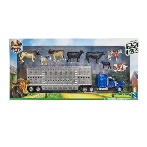 New Ray Country Life 1:43 Livestock Playset – Die-Cast Semi Truck & Trailer with 10 Cattle, Free-Wheeling Farm Vehicles, Opening Rear Door, Ages 8+, Rural Imaginative Play Set