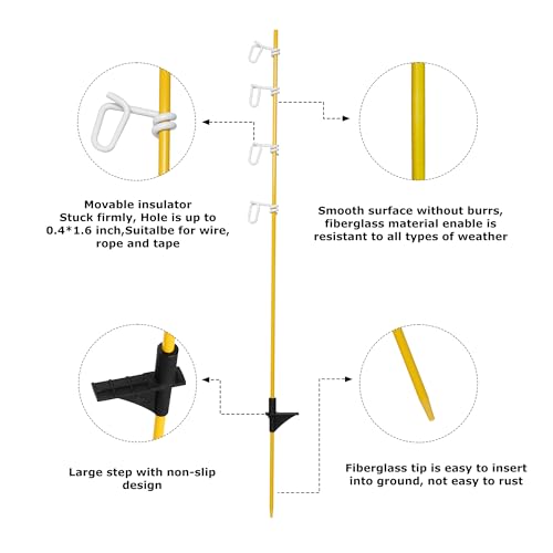 45.3 in Electric Fence Posts, Fiberglass Fence Posts with Adjustable 4 Pigtail insulators Hold Poly Wire Rope and 40mm Tape, for Temporary Electric Fencing, Farm Livestock, Garden-50pcs