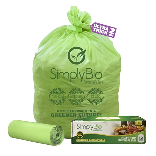 Simply Bio 60-65 Gallon Compostable Trash Bags Liners Flat-Top, Heavy Duty Extra Thick 2 Mil, 242.27 Liter, 12 Bags, Lawn, Yard, and Restaurant Use, ASTM D6400, US BPI, OK Compost Home Certified - size: 1 Count (Pack of 12), style: Flat-Top (64 Gal, 2 mil