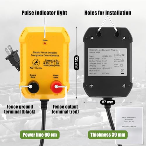 Electric Fence Charger Kit 0.35 J 7 Mile 50 Insulators 250ft Wire | 110V AC Range for Chickens Pets Poultry, Kit with Socket Tool, Aluminum Wire for Farm Pond Protection Plug in Garden - style: 0.35 Joule