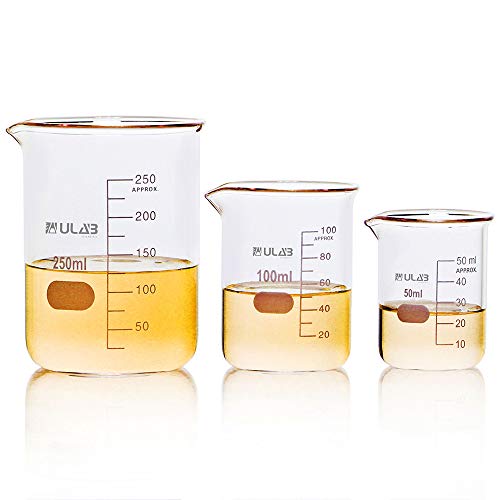 ULAB Scientific Glass Beaker Set, 3 Sizes 50ml 100ml 250ml, 3.3 Boro Griffin Low Form with Printed Graduation, UBG1001 - style: Low form 3 Sizes: 50ml 100ml 250ml