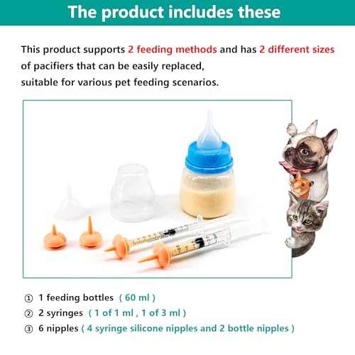 Pet Feeding Bottle and Syringe Set for Puppies and Kittens(1 Bottles,2 Syringes,6 Nipples) Blue - color: Blue