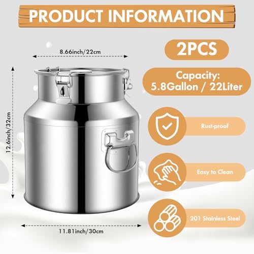 FillTouch 2 Pcs Stainless Steel Milk Can 22L/ 5.81 Gallon Heavy Duty Metal Milk Water Dispenser Container Pail Jug with Locking Sealed Lid Food Wine Oil Storage Container for Home Farm Kitchen - size: 22l