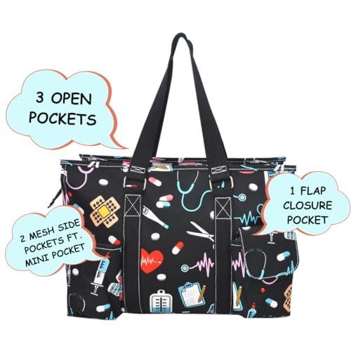 NGIL Utility Water Resistant Tote Bag | Work Tote for Women, Nurse Bag, Teacher's Choice Purse, Gym Bag, Everyday Organizer Top Zipper Closure - color: Nurse Print-black