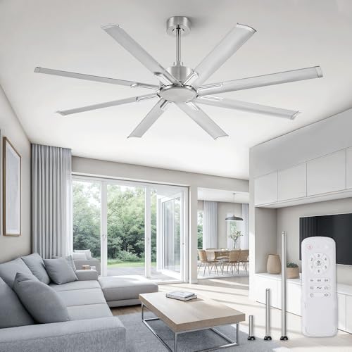 ZMISHIBO 65 Inch Ceiling Fan without Light, 8 Aluminum Reversible Blades | Industrial-Grade, DC Motor, Damp Rated, 6 Speeds, Remote Control, 3 Downrods, Flat/Sloped Ceiling, Living Room, Patio, Gym - color: Nickel, size: 65inch