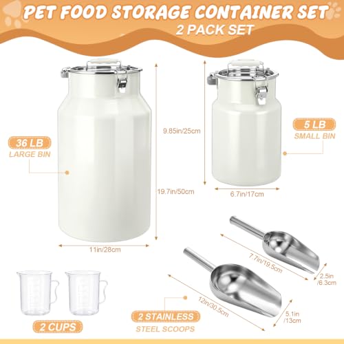 2 Pack Stainless Steel Dog Food Storage Container Set, 36 Lb&5 lb Pet Food Storage Container with 2 Scoops and Measuring Cup, Metal Airtight Bin for Dog Cat Multi Pet Households