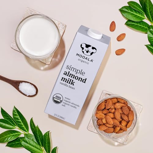 Mooala Organic Simple Almond Milk Vanilla, 32oz - 4 Ingredient, Shelf Stable, No Gums, No Oils, No Fillers, Unsweetened, Non-GMO, No Additives, Dairy Free Plant Based Milk, 6 pack
