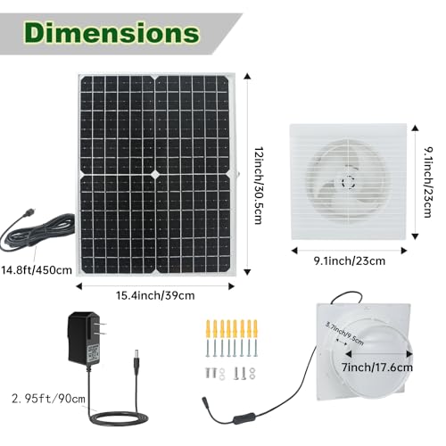 Solar Powered Fan, 9.1" Solar Exhaust Fan Kit, 25W Waterproof Chicken Coop Fans with 14.8Ft On/Off Switch Cable & Power Adapter, Cooling Ventilation for Greenhouse, Shed, Outside, Garages, Dog House - color: No Battery