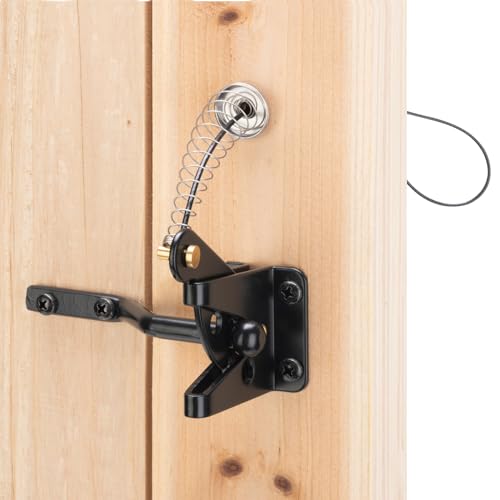 HILLMASTER Self Locking Gate Latch for Wooden Fence Heavy Duty,Gravity Lever Fence Door Latches with Steel Spring Cable Pull String Gate Hardware Gate Lock for Outdoor Secure Pool,Garden,Black Finish - size: 1 Pack