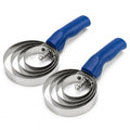 2-Pack Reversible Curry Combs for Horses and Pets, Stainless Steel | Four-ring stainless steel and rubber grooming combs feature reversible edges and soft-grip handles for farm animals and pets.
