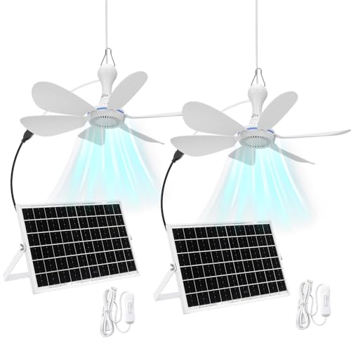 Tujoe 2 Set Solar Powered Ceiling Fan Kit for Outdoor,Portable 15W Solar Panel Powered USB Small Hanging Fan,Dual Charging Modes,for Chicken Coop, Tent,Greenhouse, Shed, Gazebo