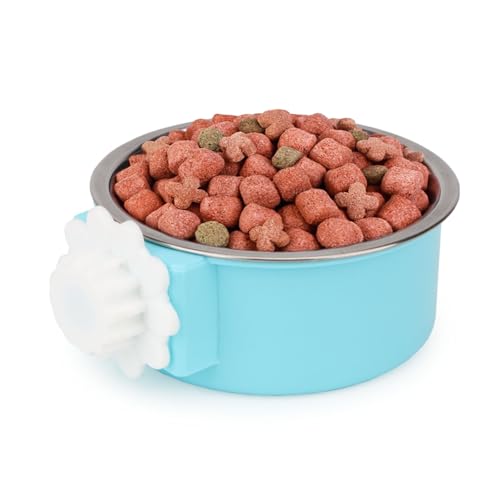 Dog Crate Water Bowl No Spill Removable Hanging Bowls, Blue&Green | Stainless steel + plastic 2-in-1, twist-lock easy install, detachable easy clean, for small dogs/cats/rabbits/guinea pigs - color: Blue