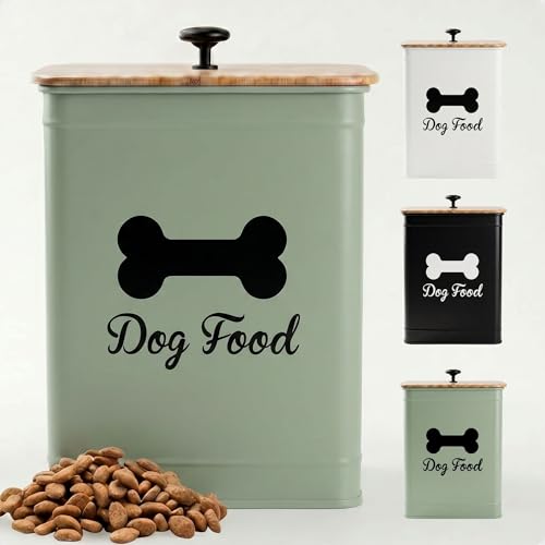 Metal Dog Food Container 5-7lb, 25 Cup w/ Airtight Bamboo Lid, Metal Handle | Pet Jar For Dogs up to 50lbs, Airtight Bamboo Lid, Sturdy Comfortable Metal Handle, Powder Coated Iron, Kibble Storage Bin - color: Sage Green: Bone