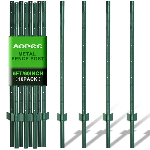 Fence Post 5 Feet / 60 Inch, Pack of 10, Heavy Duty Metal Fence Posts, No Dig U Post with U-Channel, Adjustable Tabs & Anchor Plate, Rust-Proof Steel Fence Stakes for Garden, Farm, Lawn, Poultry - size: 5 Feet