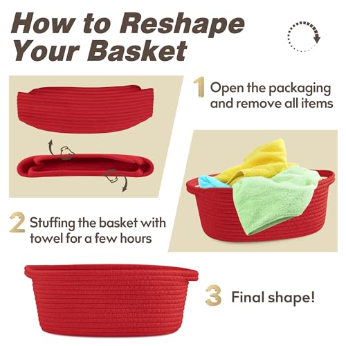 Pro Goleem Small Woven Basket with Gift Bags and Ribbons Durable Baskets for Gifts Empty Small Rope Basket for Storage 12"X 8" X 5" Baby Toy Basket with Handles, Red - color: red